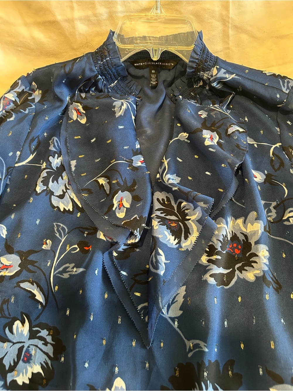 WHBM Blue Ruffle Neck Blouse with Sheer Sleeves - Picture 15 of 17